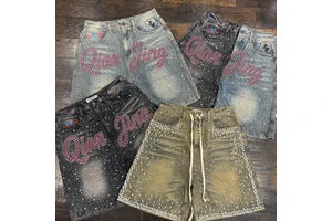 Men's Vintage All Over Luxury Rhinestone Streetwear Clothing Manufacturer Hem Cut Sun Faded Custom Belt Loop Pickle Denim Shorts