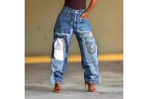 BR5814 Patchwork Printed Women's Jeans Casual Mid Waist Loose Fit Denim New Straight
