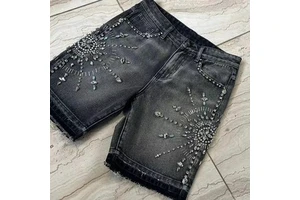MZN Custom Men's Summer Casual Hip Hop Woven Mid Rise Heavyweight Denim Shorts with Crystal Diamonds Vintage Baggy Style