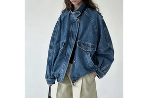 AIMEISI Casual Retro Washed Stand Collar Jean Jackets Single-Breasted Zipper Loose Women's Denim Jacket