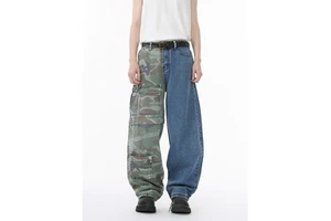 Fashion Washed Camouflage Stitching Blue Denim High Quality Pocket Design Custom Men's Casual Loose Trousers