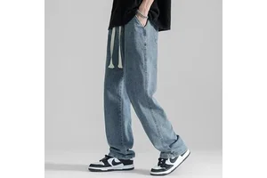 Oem customized straight jeans men's summer new thin style trendy loose drooping wide leg drape mopping trousers casual pants