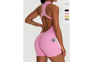 Jumpsuit European Style Custom Logo Women Hollow Back One Piece Yoga Suit Built in Pads Peach Hip Fitness With Pockets