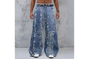 Custom Men's Street Wear Denim Jeans Cut Sew High Quality Plus Size Blue Straight Distressed Baggy Wide Leg Jeans for Men