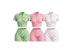 UShine Custom Dot Printed Set Streetwear Workout Zip Up Short Sleeve Jacket And Shorts 2 Piece Shorts Set Tracksuit For Women
