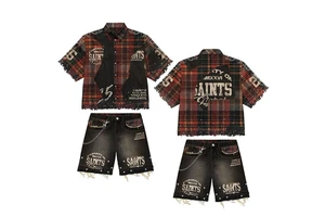 Customized Manufacturer Men's Short Denim Shorts Set Knitted Flannel Design Screen Printed Shirt