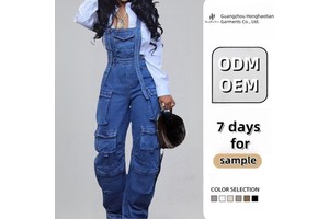 Custom High Quality Fashion Cargo Denim Jumpsuits Women Wide Leg Overalls Loose Strap Jean Jumpsuit Women