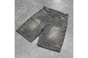 Hot Sale Men's Vintage Washed Denim Board Shorts Zipper Fly Anti-Wrinkle Breathable Quick Dry Eco-Friendly Rhinestone Design