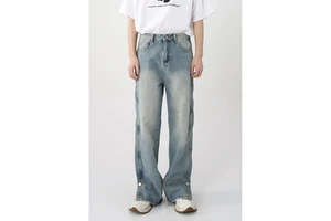 Men's Wholesale Denim Trousers | Straight-Leg Slightly Flared Side Slits Mid Waist Medium Wash Vintage Korean Style