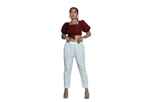 Women's Stylish Modern Outfit Maroon Square Neck Crop Blouse with White Puff Sleeve and Relaxed Fit Pants for Girls
