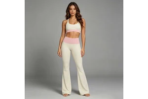 Women High Waisted Yoga Pants Pink Color Block Flare Leggings