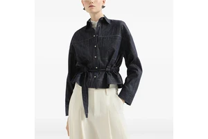 Factory High Quality Women's Dark Wash Denim Jacket Long Sleeve Button Down Belted Waist Casual Jean Coat Fashion Outerwear Top