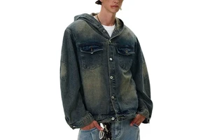 High Quality Streetwear Heavy Weight Printed Graphic Vintage Acid Wash Oversized Hooded Denim Jacket For Men