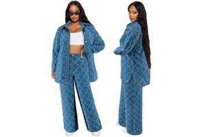 Women's Trending Products New Denim Jean Cardigan Fringed Long Sleeve Coat 2 Piece Jeans Set for Women