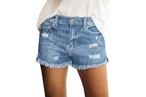 Women's Casual Mid Rise Denim Shorts with Ruffles Stretch Ripped Raw Hem Breathable Hot Shorts for Comfortable Everyday Wear
