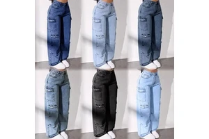 Women's Loose Wide-leg Jeans, Cotton Stretch Jeans, Multi-pocket Women's Workwear Jeans