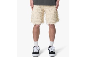 Yinope New Design Fashion Custom Men's Cream Panel Distressed Raw Edge Denim Shorts