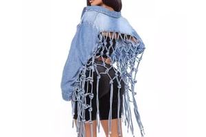 OEM Women's Casual Denim Jacket with Ripped Holes and Frayed Pattern Basic Streetwear Lady Tassel Women Winter Coats