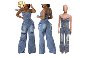 Fashion Sexy Denim Jumpsuits for Women Off Shoulder Buttons Cargo Pockets One Piece Wide Leg Jean Overalls