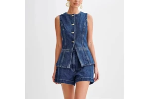 Summer Women's Denim Shorts Suit Sleeveless O-Neck Single Breasted Split Top Vest High Waist Wide Leg Shorts Denim Suit