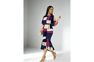Plus Size Women's Retro Elegant Two-Piece Set-Magenta And Blue Patchwork Summer Casual Office Wear & Formal Occasions