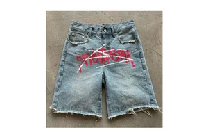 Custom Breathable Summer Casual High Waist Knees Diamonds Embroidered Baggy Men's Denim Shorts