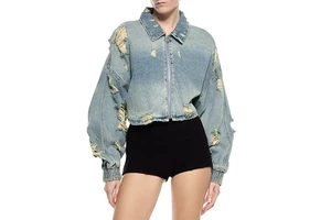 Streetwear Women's Custom Pointed Collar Puffed Sleeves Ripped Effect Denim Jacket Jeans Women's Jacket