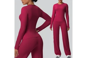 Women's 2-Piece Yoga Set Quick Dry Fitness Seamless Breathable Long Sleeve High Waist Butt Lift Sports Pants Solid Front Logo