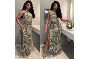 Hot Sale Summer Women Sexy Denim Suits Sleeveless Split Long Skirt Two Piece Set Night Club Party Wear Women Slim Fit Denim Suit
