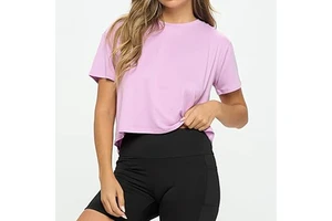 Women's High Stretch Fitness Yoga Top New Workout Tee Running Exercise Neck Slim Rib Crop Short Sleeve Wholesale Sport Fabric
