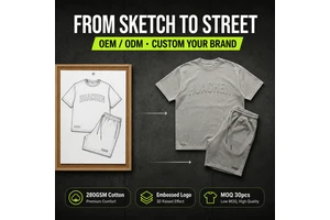 Bespoke ODM Men's 3D Puff Print Letter Graphic Short Sleeve Tee & Shorts Set 300GSM Garment Wash Faded Gray Custom Manufacturer