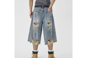 High Quality Custom Men's Distressed Denim Jorts 100% Cotton Acid Washed Breathable Woven Jorts Embroidery Distressed Shorts