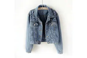 Hot Selling Women's Long Sleeve Denim Jacket Breathable Loose Crop Top with Pearl and Print Washed Fashion Jean Coat