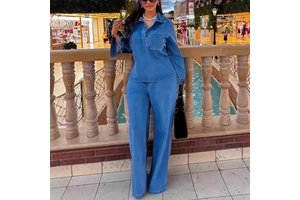 J31 Fashion Denim Suit Women Clothes 2 Piece Set Long Sleeve Lapel Pocket Top Straight Jeans Pant Two Piece Set for Women