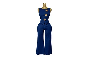Summer Washed 2-Piece Denim Suit for Women with Metal Buckle Neck Sleeveless Vest High Waist Wide Leg Trousers