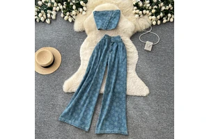 Summer Y2K 2 Piece Set for Women Tube Top And High Waist Printed Slim Denim Suit Ropa Wholesale