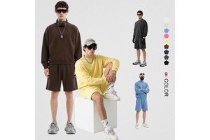 Men's Oversized Boxy Crop Long Sleeves 345gsm Cotton Gym Screen Printing Graphic Pullover Sweatshirts With Shorts Sets