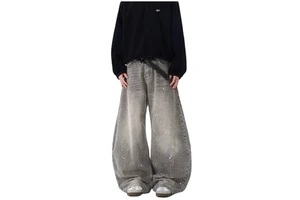 2025 Autumn Grey Splashed Ink Jeans Men's Plus Size Loose Wide Leg Washed Retro American High Street Fashion Pants