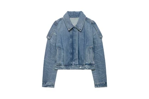 SHENZHU 2026 Women's Spring New Zipper Metal Button Closure Loop Short Collar Denim Jacket 8727071