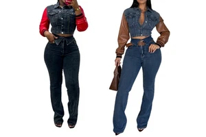 M8611-spring 2025 Womens Clothing Denim Jean Set for Women Leather Jacket and Pants 2 Piece Set Women