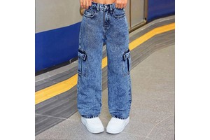 Tween Girls Mid Waist Light Blue Washed Cargo Wide Leg Denim Jeans Big Side Pockets Soft Casual Street Trousers Wholesale