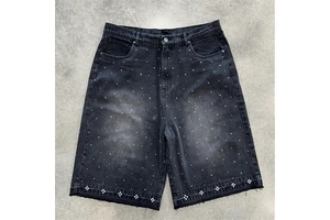 NEW Custom made Men's Denim Streetwear Crystal Regular Fit Straight Summer Casual Zippers Vintage Washed short with Rhinestone