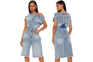 Cross Border New European and American Casual Fashion Strapless One Shoulder Slim Fit Denim Jumpsuit