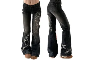 Women's Black Embroidered Flower Jeans High Quality New Arrival Y2K Streetwear Loose Fit Flared Pants Casual Denim Trousers