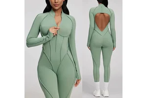 Custom Print Women's Gym Jumpsuits 3D Cut&Sewn Front Zipper Backless Stand Collar Four-way Stretchy Breathable Sports Bodysuits