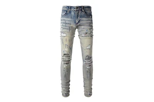 Wholesale Graffiti Men's Denim Jeans Skinny Damage Patched Slim Fit Designer Vintage Wash Blue Stretch Fashion Trousers