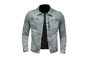 Men's Vintage Casual Denim Jeans Jackets Winter Full Scraping Jacket with Buttons Closure Washed Light Raw