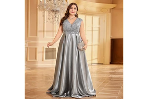 IMPEREAL Plus Code Luxury Gray Satin V-Neck Formal Evening Dresses Women Party Prom Dress Long Cocktail Gowns For Lady Elegant