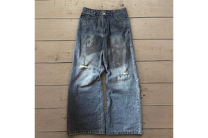 Custom Wide Leg High Waist Distressed Denim Jeans Vintage Dirty Wash Knee Rip Gothic Text Print Baggy Streetwear Pants Men