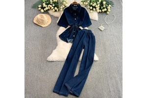 Wholesale 2026 Summer New Fashion Casual Denim Lapel Single-breasted Shirt High Waist Thin Wide-leg Pants Women's Suit